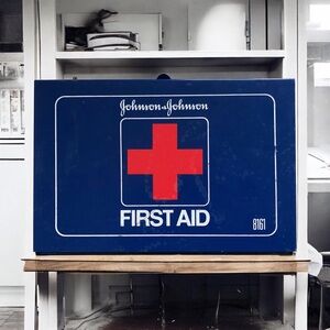 Vintage Johnson & Johnson First Aid Kit Blue Metal Storage Box